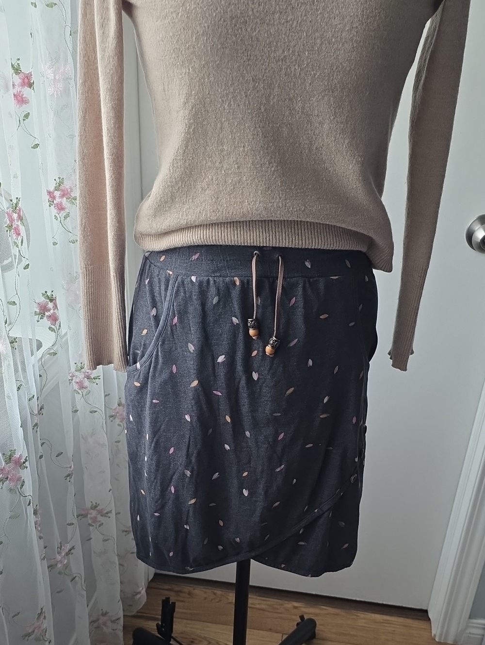 Charcoal Mini Skirt with Pink Leaf Print and Drawstring Waist